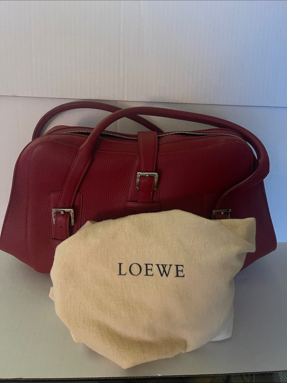 Loewe Red Pebbled Leather Shoulder Bag with Buckle Straps